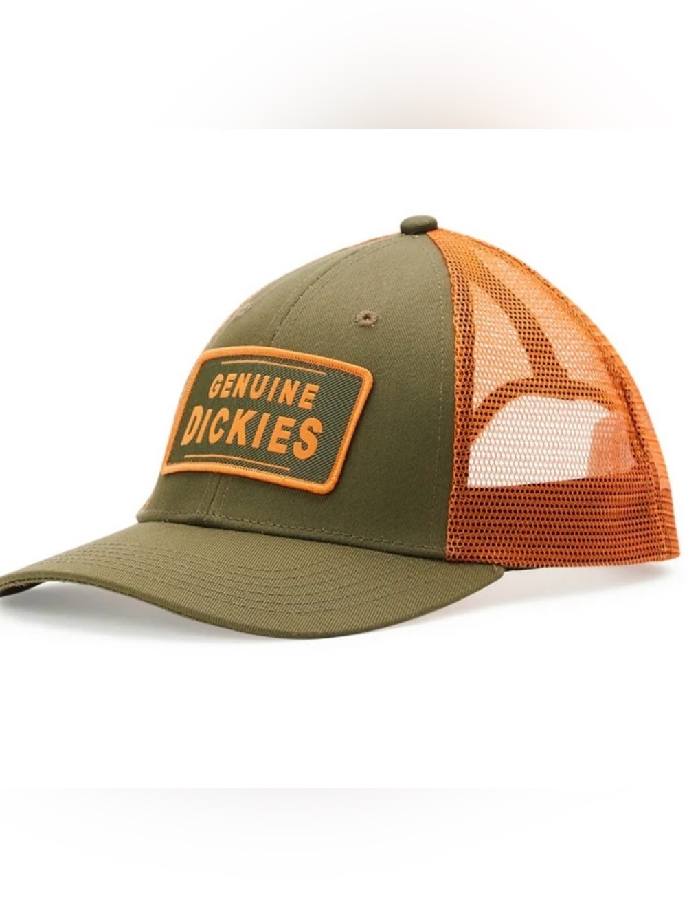 Dickies Trucker “Genuine Dickies” Hat Olive Green and Orange Mesh
